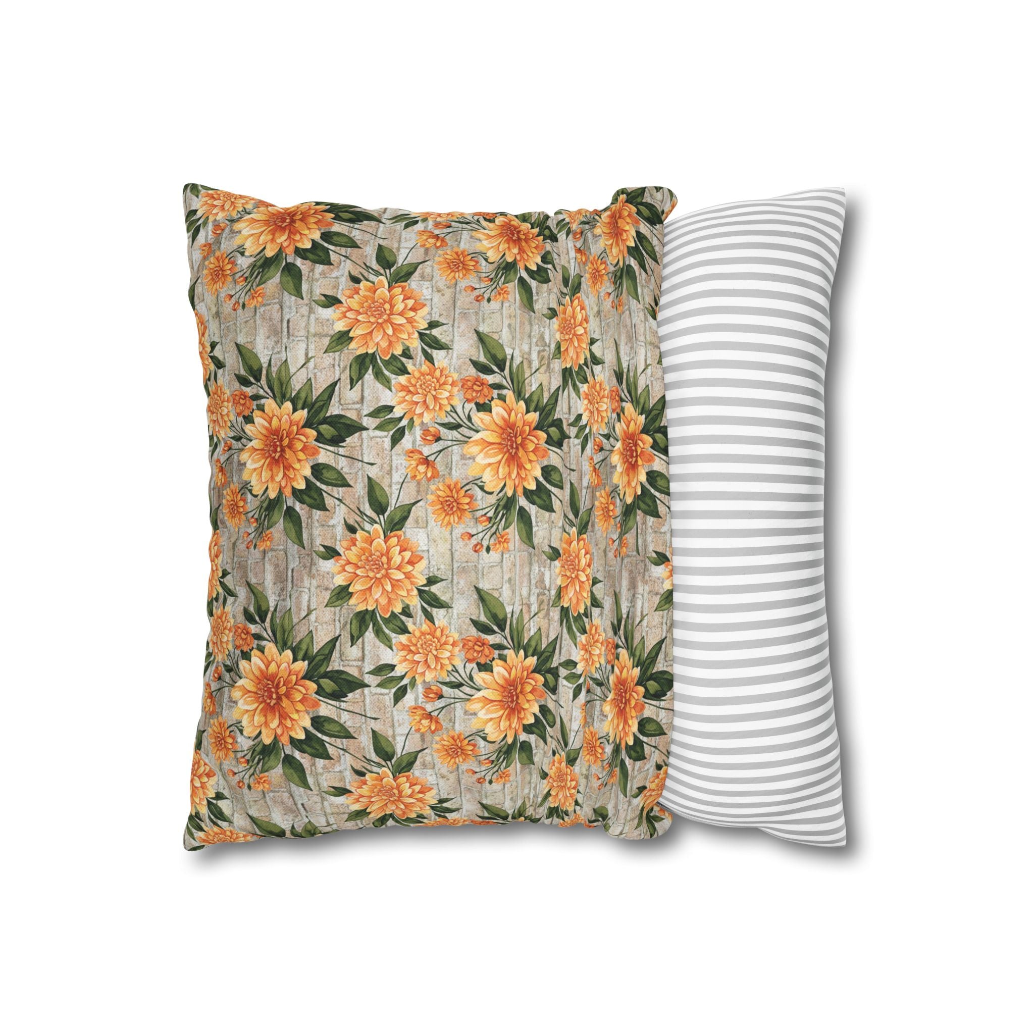 The Artisanal Flora Gallery Floral Sunburst Square Pillowcase — Orange Dahlia Botanical Throw Pillow Cover - Creations by Chris and Carlos