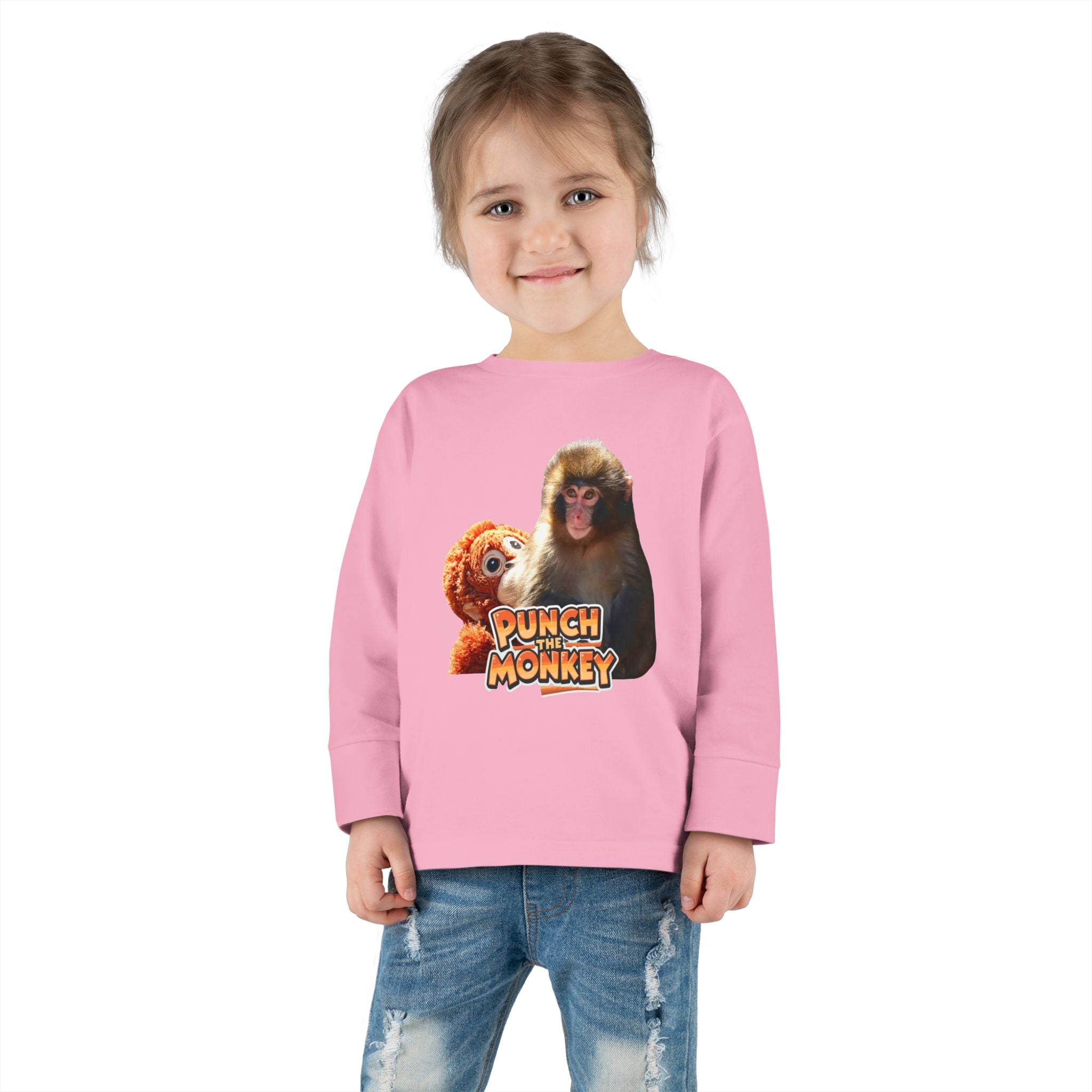 Punch Monkey Toddler Long Sleeve Tee Cute Monkey & Plush Character Shirt for Kids - Creations by Chris and Carlos