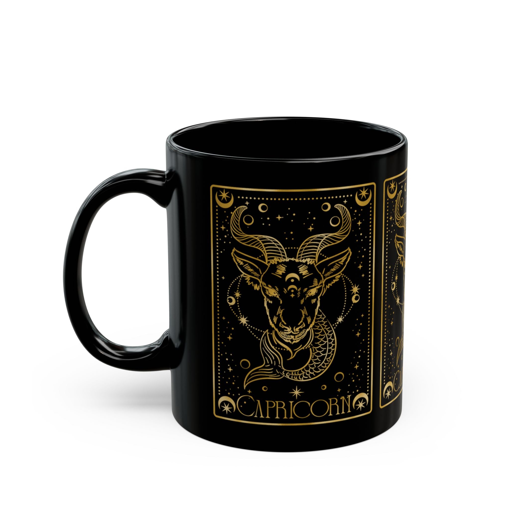 Capricorn Zodiac Black Mug — Gold Astrological Goat Design (11oz & 15oz) - Creations by Chris and Carlos
