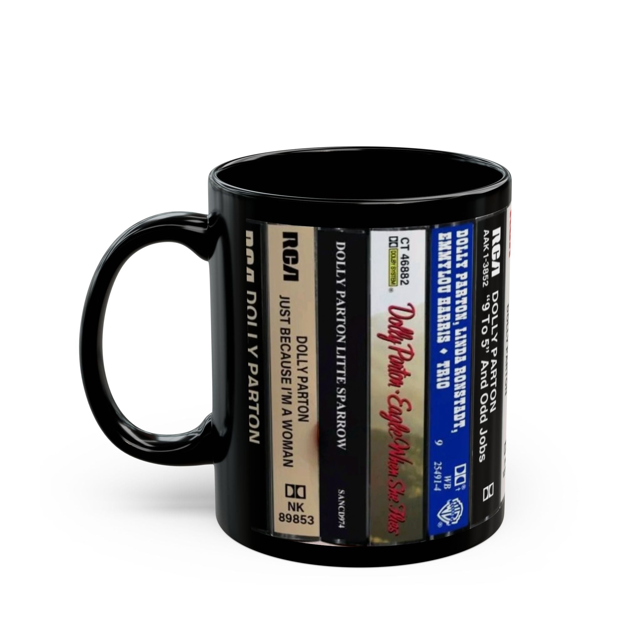 Dolly Parton Cassette Tape Spine Black Mug — Retro Music Coffee Cup (11oz/15oz) - Creations by Chris and Carlos