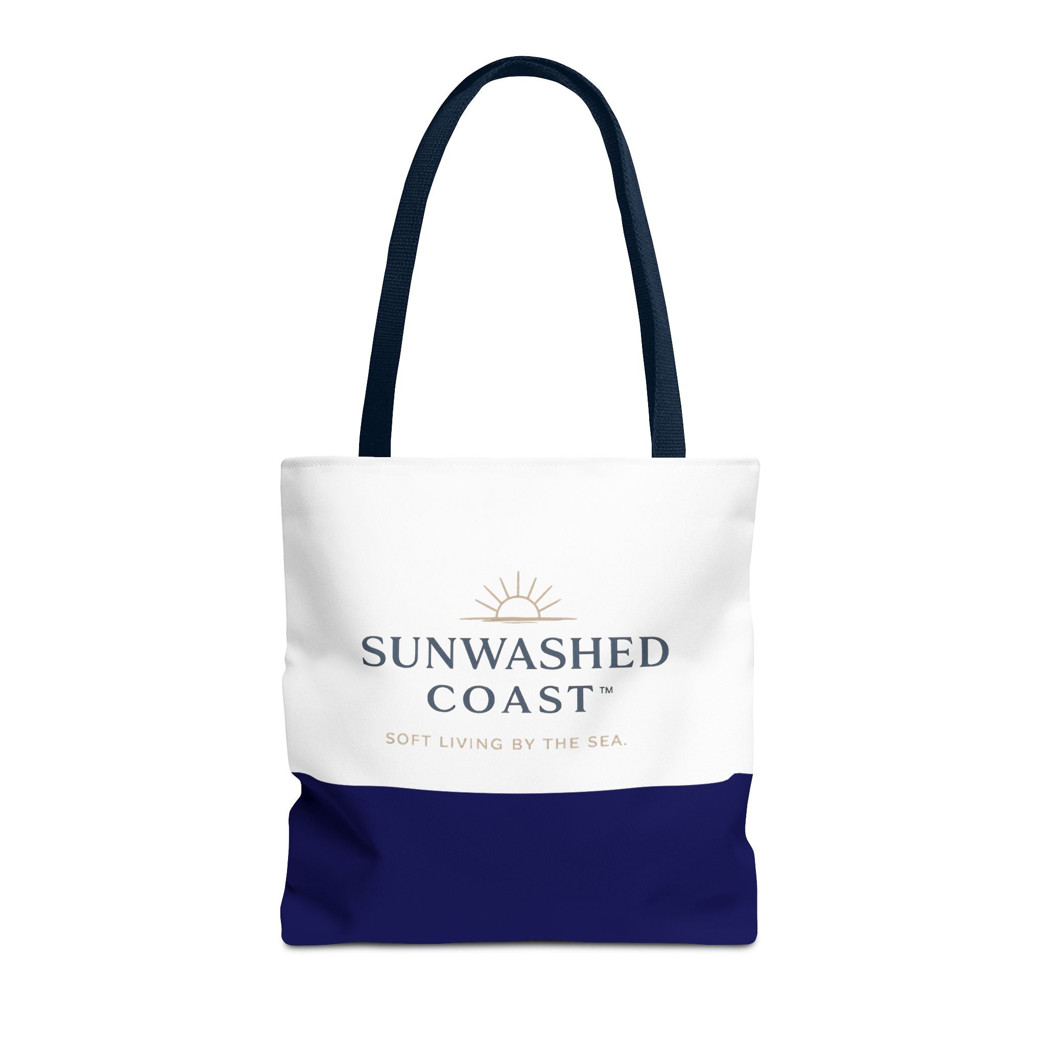 Sunwashed Coast Tote Bag — Coastal Canvas Beach Tote with 'Soft Living by the Sea' Logo - Creations by Chris and Carlos