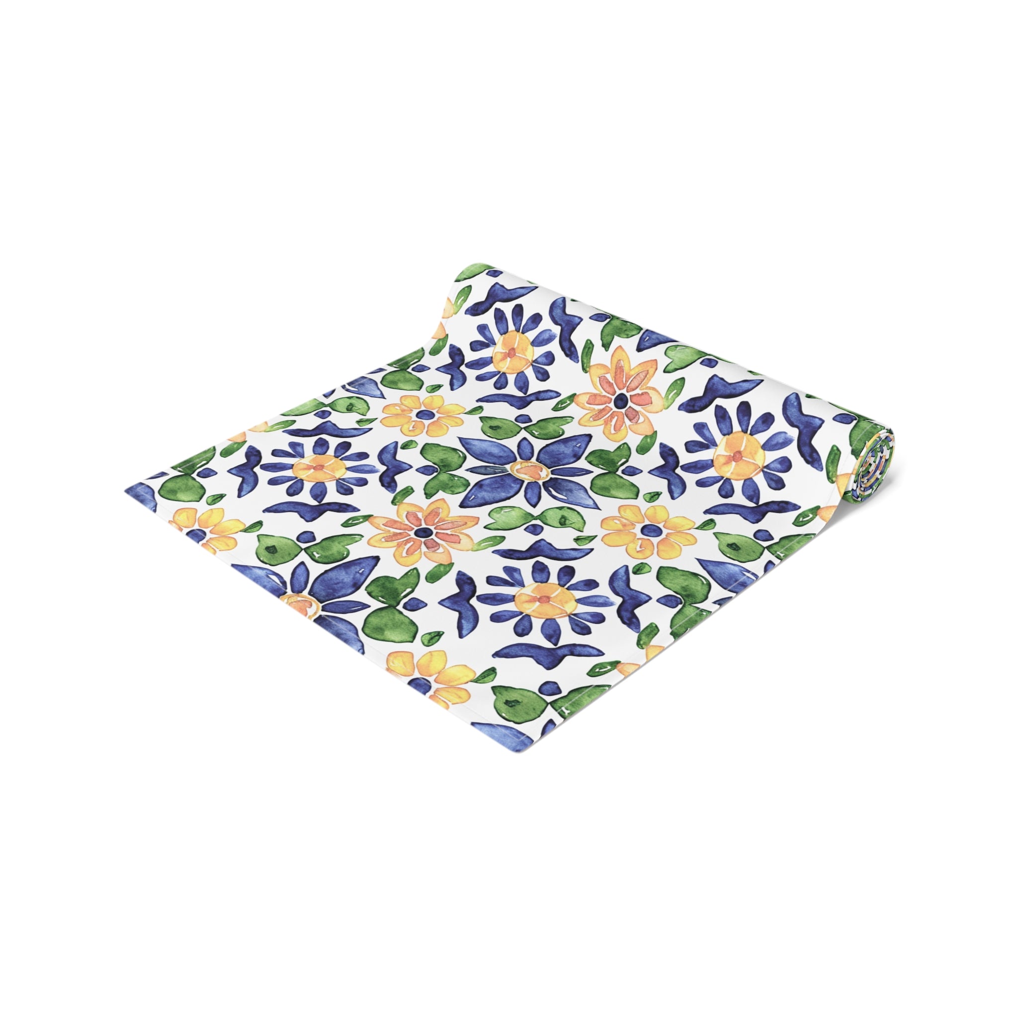Sol y Alegría (Sun and Joy) Collection- Cactus Succulent Pattern Microfiber Blanket Soft Velveteen Throw for Home & Garden Lovers Floral Tile Table Runner — Blue & Yellow Mediterranean Pattern - Creations by Chris and Carlos