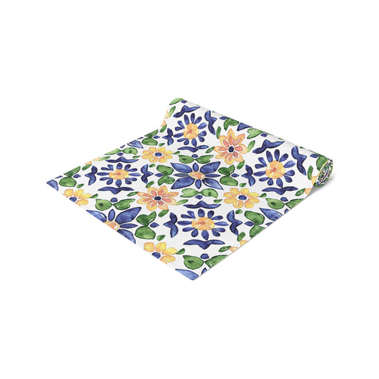 Sol y Alegría (Sun and Joy) Collection- Cactus Succulent Pattern Microfiber Blanket Soft Velveteen Throw for Home & Garden Lovers Floral Tile Table Runner — Blue & Yellow Mediterranean Pattern - Creations by Chris and Carlos