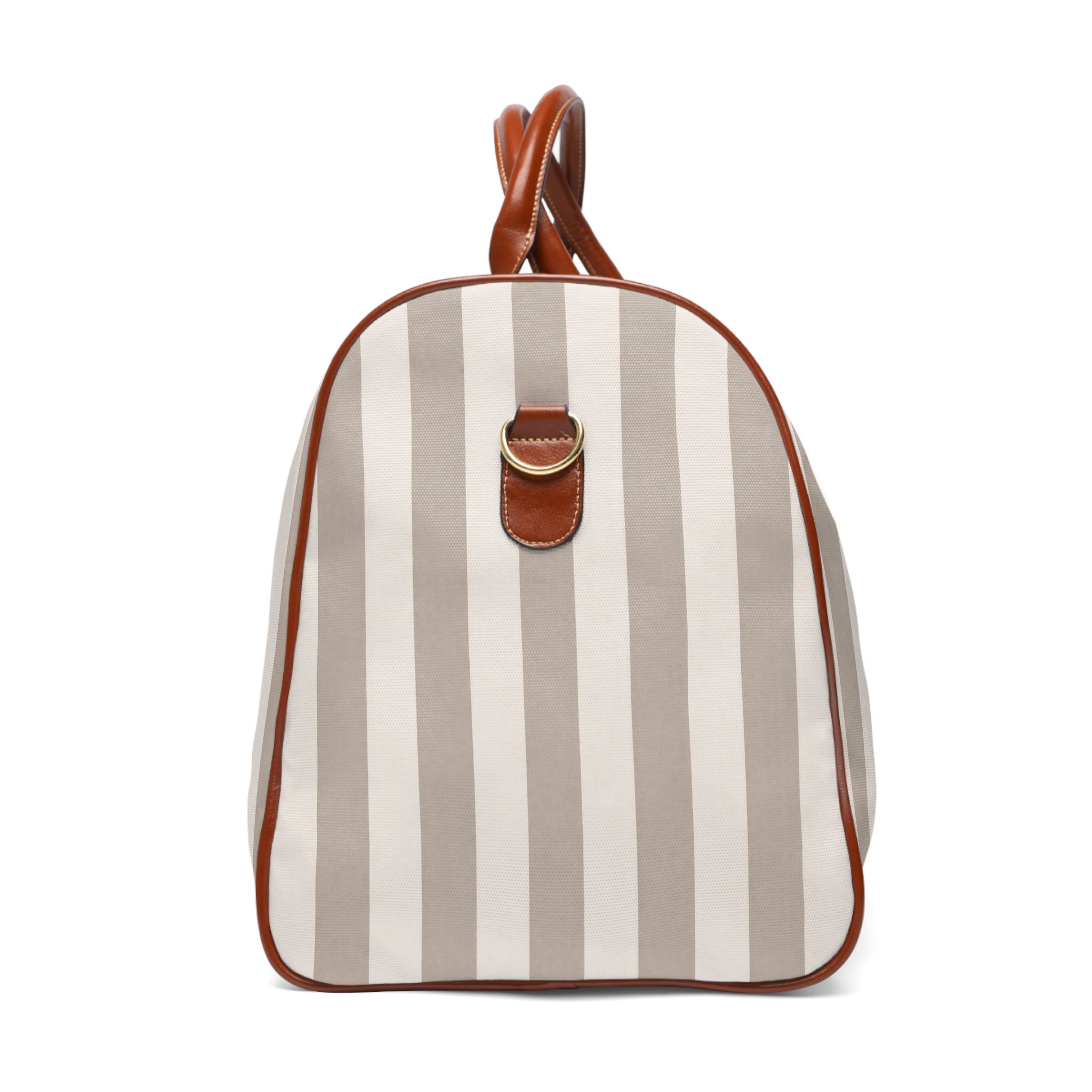 Striped Tan Waterproof Travel Duffle Bag — Coastal "Sunwashed Coast" Patch - Creations by Chris and Carlos