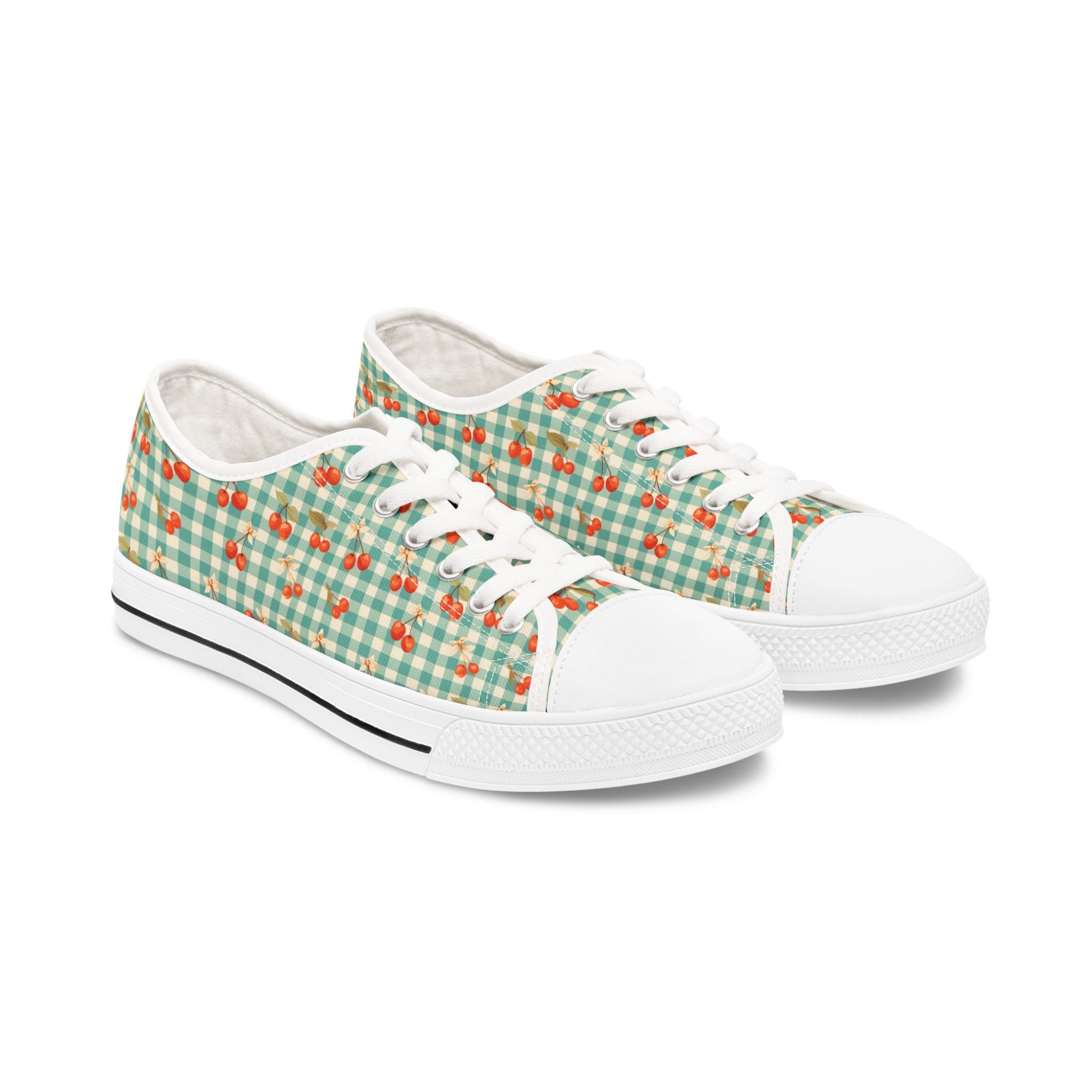 Low Top Sneakers — Mint Gingham with Cherry Print Casual Canvas Shoes - Creations by Chris and Carlos
