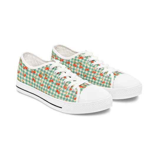 Low Top Sneakers — Mint Gingham with Cherry Print Casual Canvas Shoes - Creations by Chris and Carlos