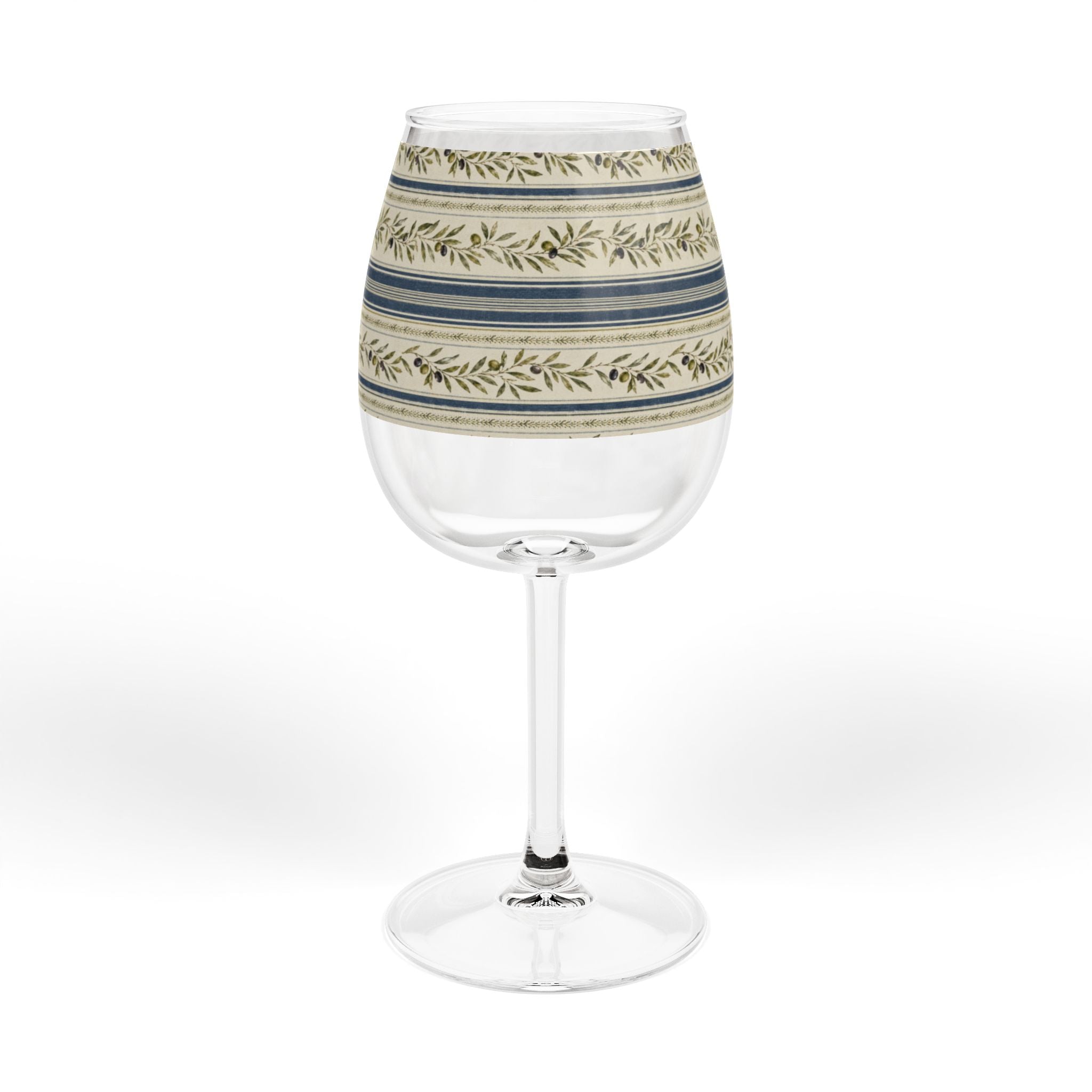 12oz Stemmed Wine Glass with Blue & Olive Laurel Stripe Pattern - Creations by Chris and Carlos