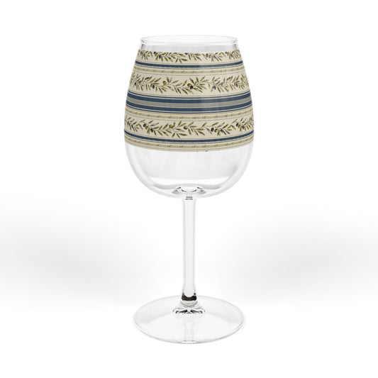 12oz Stemmed Wine Glass with Blue & Olive Laurel Stripe Pattern - Creations by Chris and Carlos
