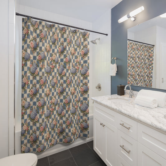 Vintage Floral Patchwork Shower Curtain — Blue Hydrangea & Rose Bathroom Decor - Creations by Chris and Carlos