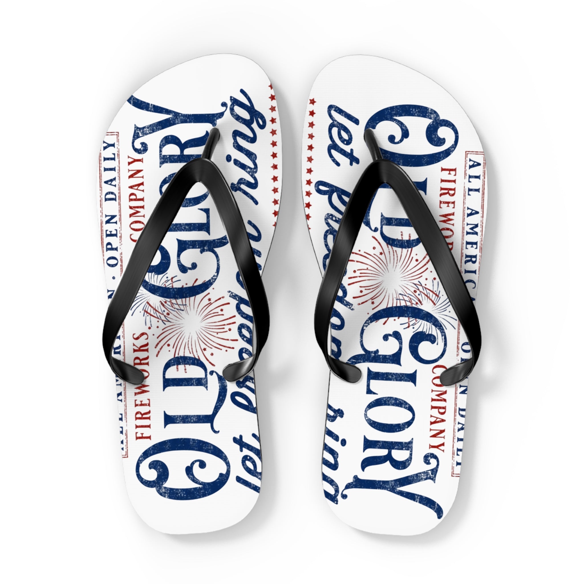 Patriotic 'Glory' Flip Flops – Red White & Blue Fireworks Beach Sandals - Creations by Chris and Carlos
