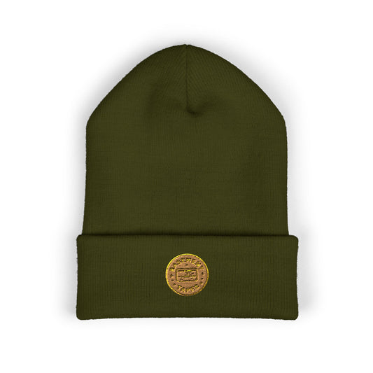 Embroidered Gold Coin Cuffed Beanie — Classic Knit Winter Hat - Creations by Chris and Carlos