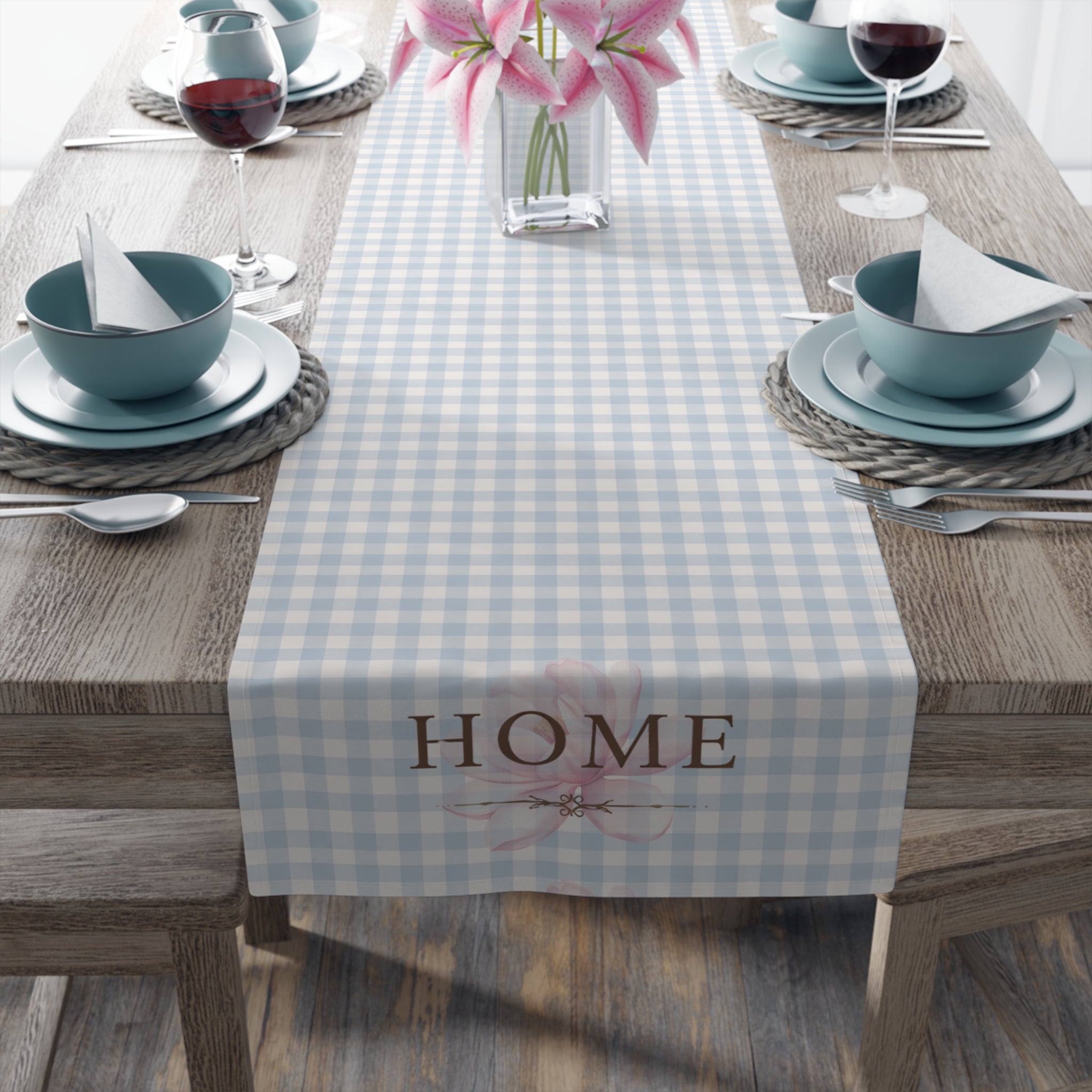 Farmhouse Gingham Table Runner — "Home" Cotton-Blend Decor - Creations by Chris and Carlos