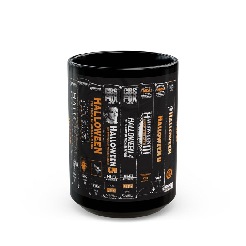 Halloween Horror Movie Spine Black Mug (11oz/15oz) — Vintage VHS Collection Coffee Cup