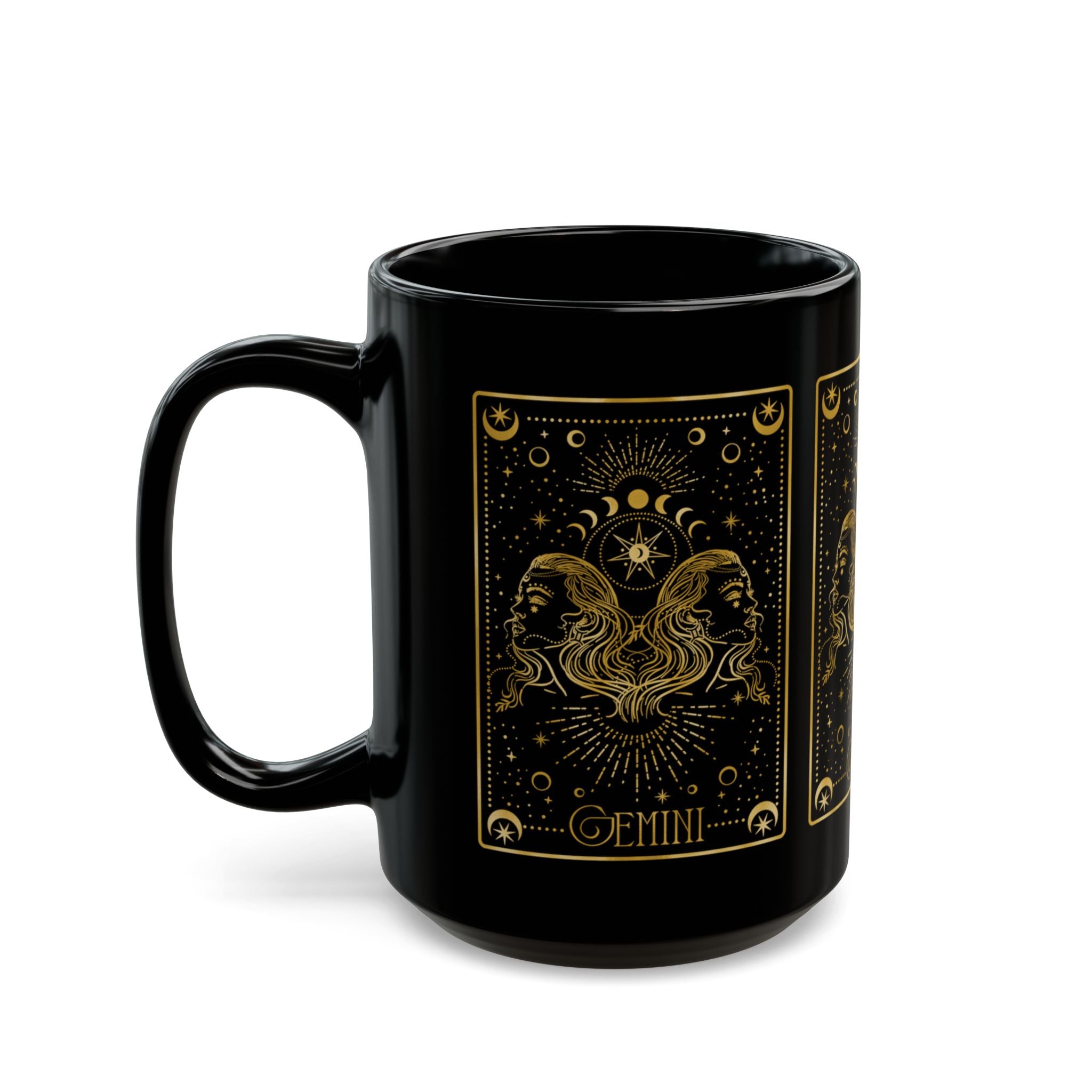 Gemini Zodiac Black Mug — Gold Astrology Tarot Card Design (11oz, 15oz) - Creations by Chris and Carlos