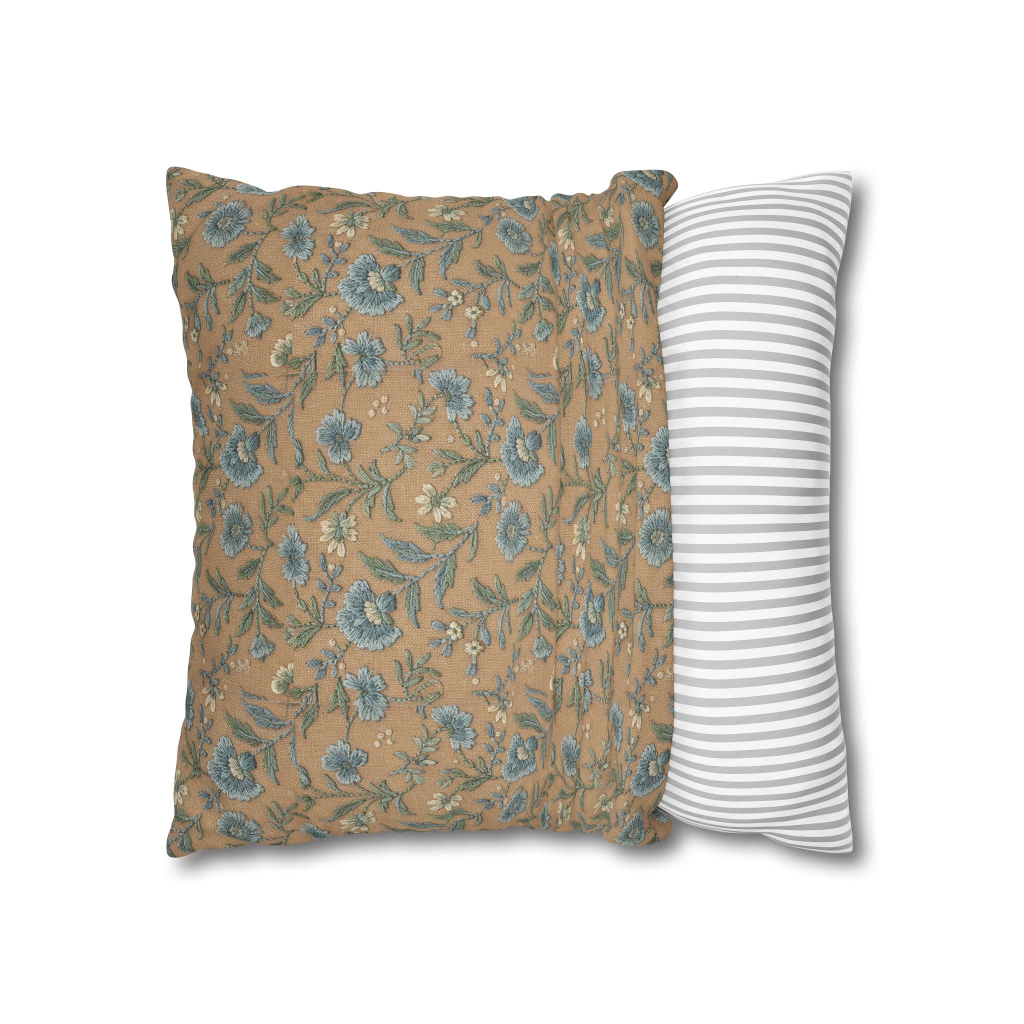 Plumstead Manor Geometric Vintage Floral Pillowcase — Blue Beige Botanical Square Pillow - Creations by Chris and Carlos