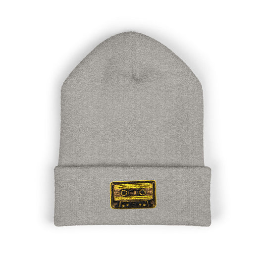 Embroidered Gold Cassette Beanie — Retro Music Cuffed Hat - Creations by Chris and Carlos
