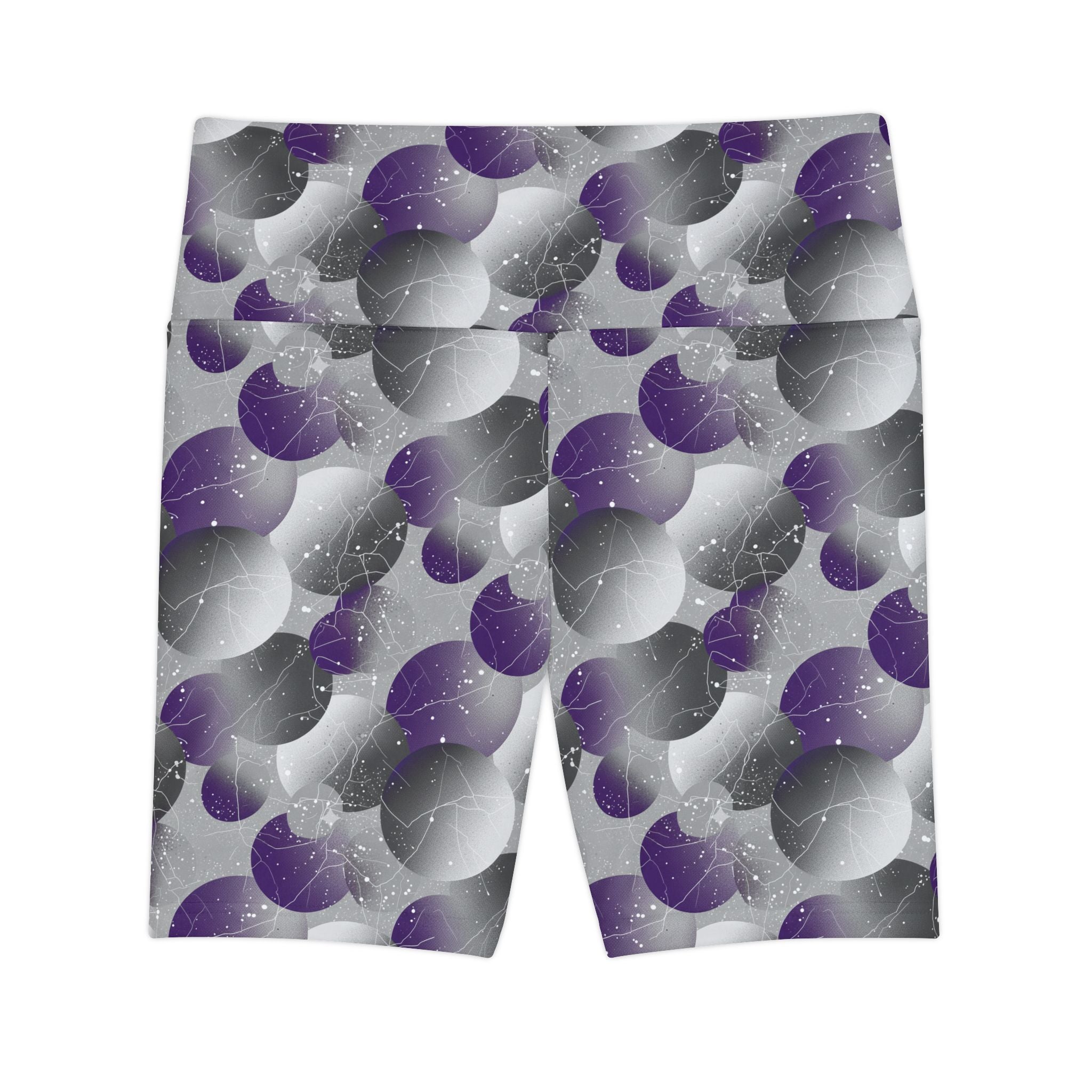Gray/Purple Bubble Print Women's Workout Shorts — High-Waist Activewear Bike Shorts - Creations by Chris and Carlos