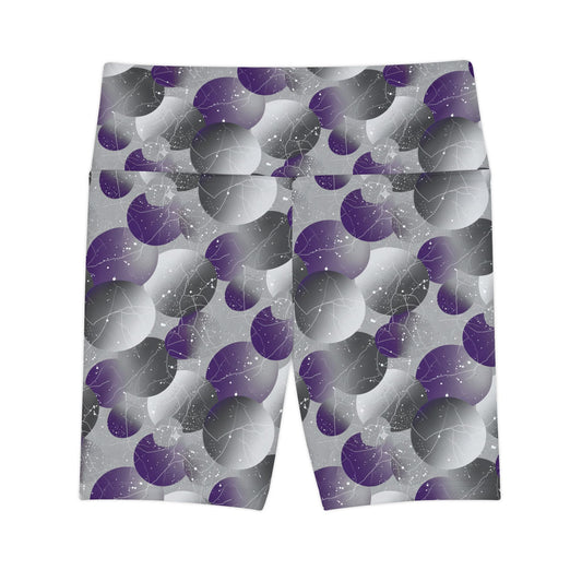 Gray/Purple Bubble Print Women's Workout Shorts — High-Waist Activewear Bike Shorts - Creations by Chris and Carlos