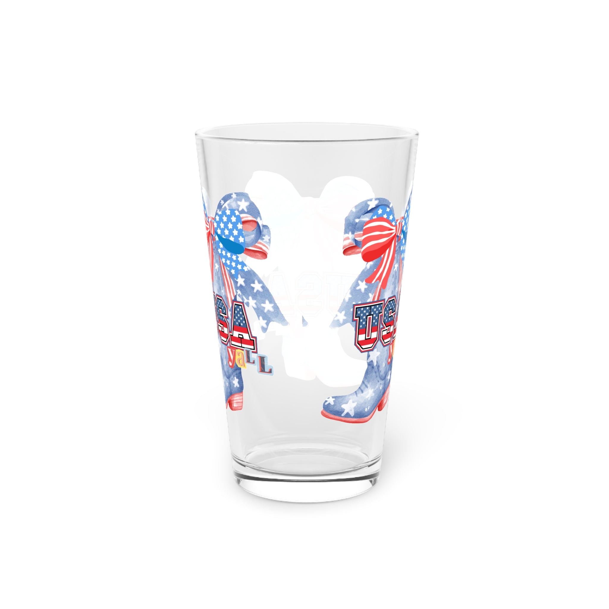 Patriotic 'USA Y'all' 16oz Pint Glass — American Flag Cowgirl Boots Design - Creations by Chris and Carlos