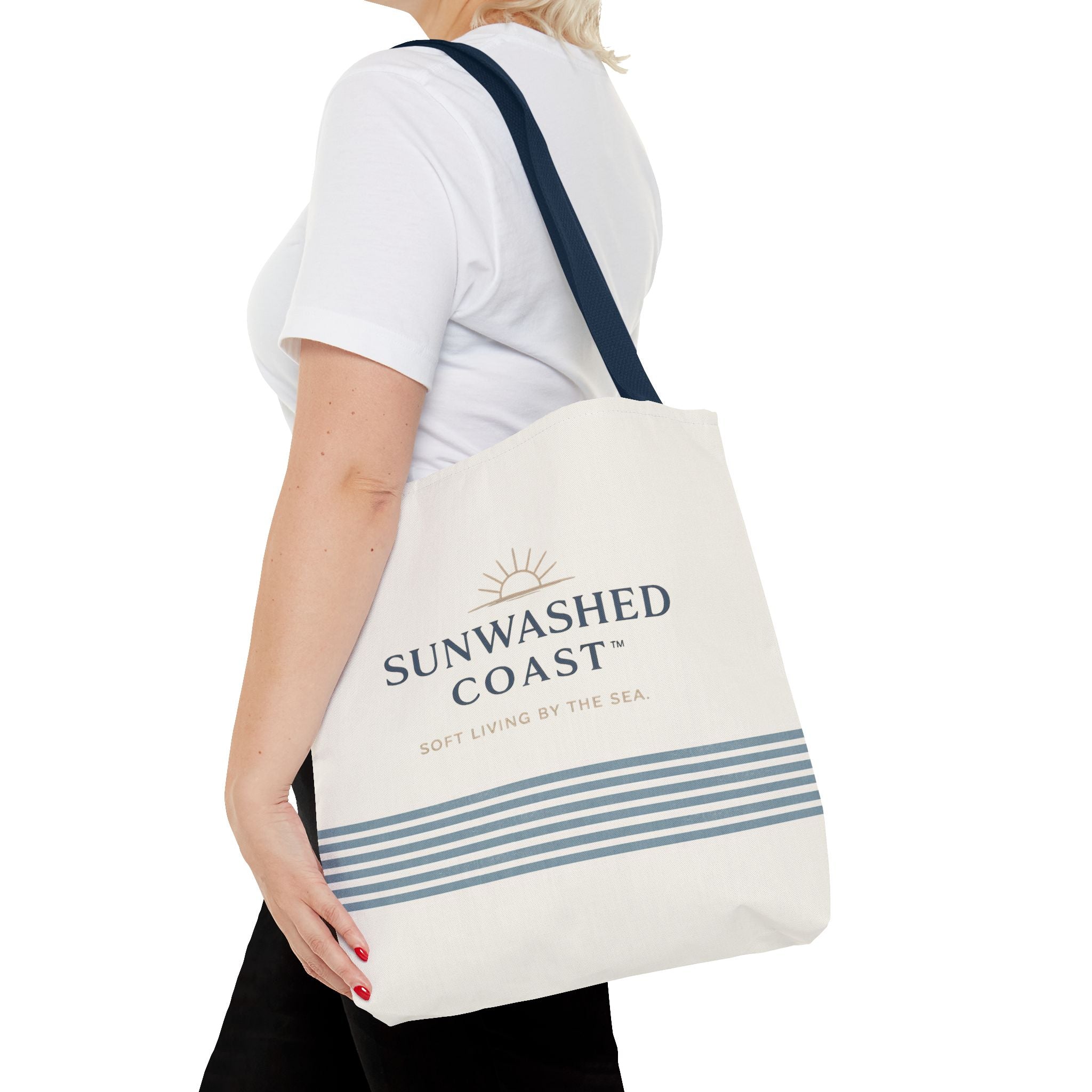 Sunwashed Coast Tote Bag – Coastal Striped Beach Canvas Tote (“Sunwashed Coast” Logo) - Creations by Chris and Carlos