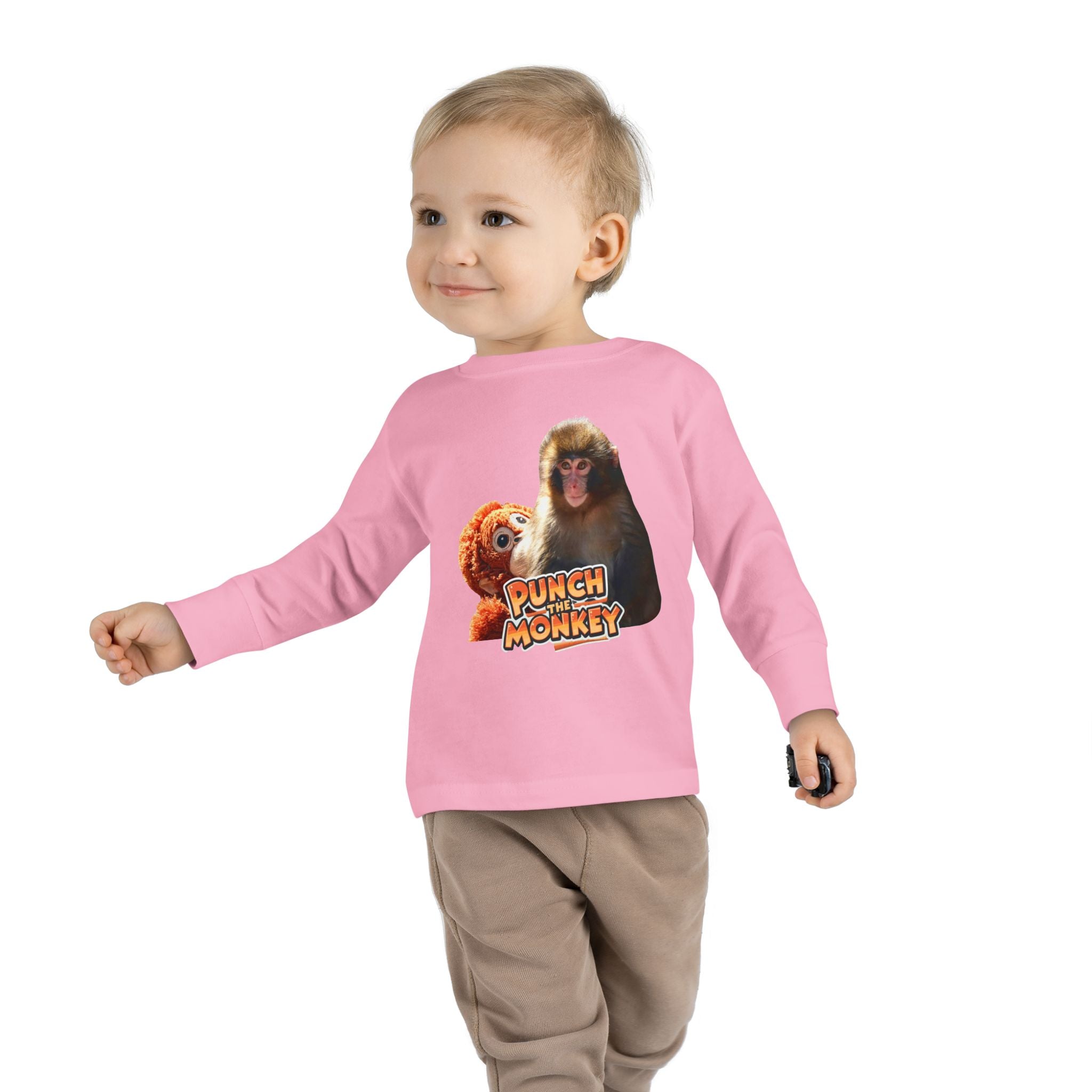 Punch Monkey Toddler Long Sleeve Tee Cute Monkey & Plush Character Shirt for Kids - Creations by Chris and Carlos