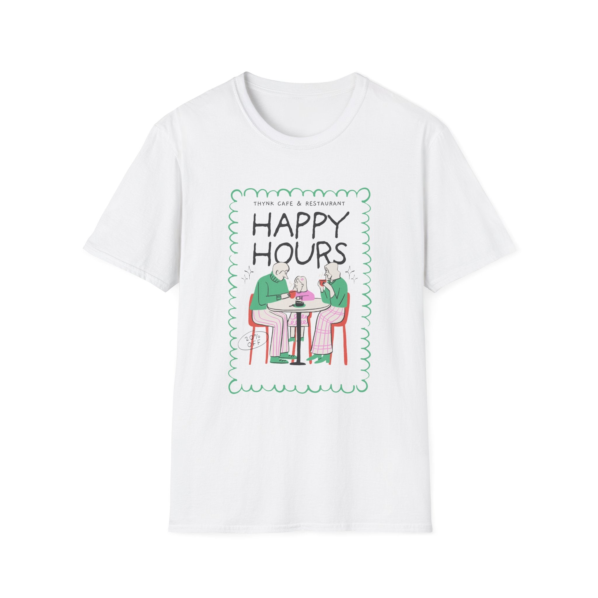 Happy Hours T-Shirt — Illustration of Friends Drinking at Cafe - Creations by Chris and Carlos