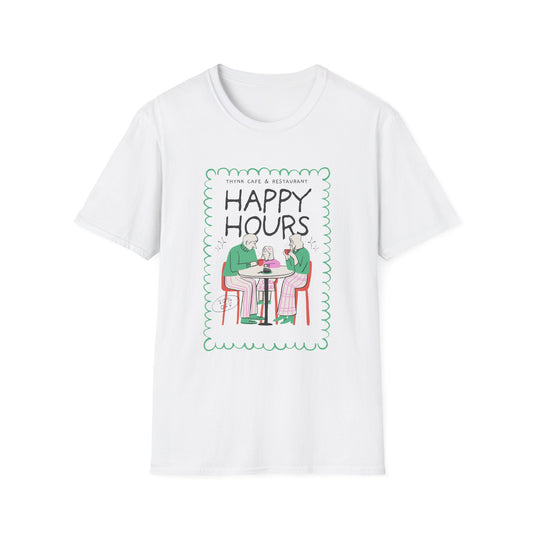 Happy Hours T-Shirt — Illustration of Friends Drinking at Cafe - Creations by Chris and Carlos