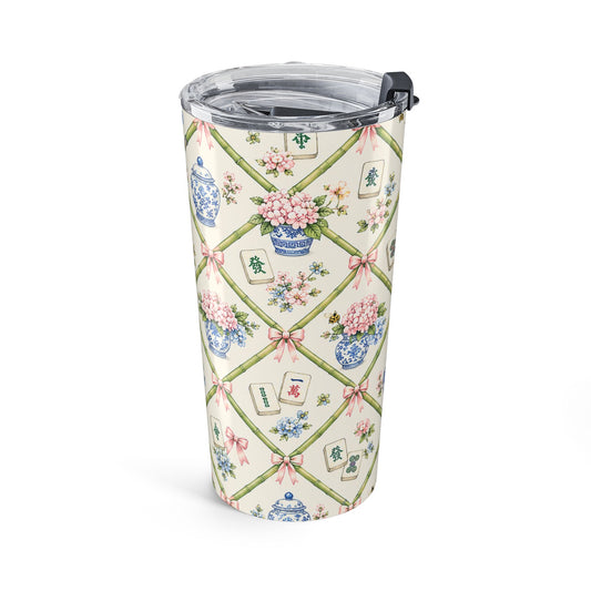 20oz Floral Chinoiserie Tumbler – Blue Ginger Jar & Mahjong Tile Pattern - Creations by Chris and Carlos