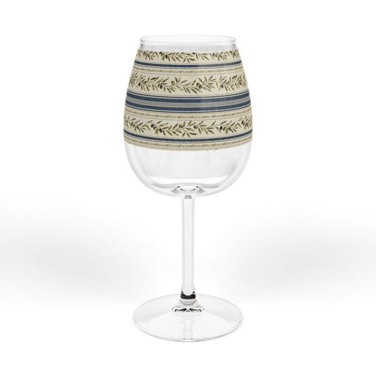 12oz Stemmed Wine Glass with Blue & Olive Laurel Stripe Pattern - Creations by Chris and Carlos