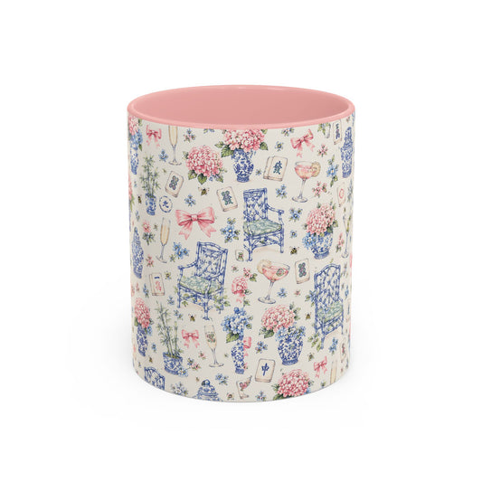 Floral Blue Chinoiserie Accent Coffee Mug — Pink Interior 11/15oz - Creations by Chris and Carlos