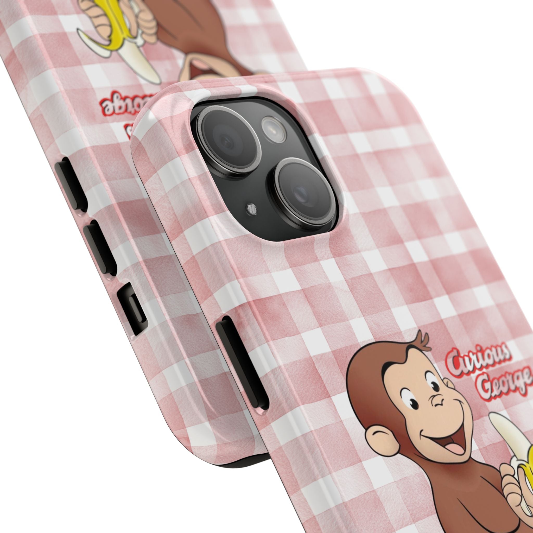 Curious George Banana Tough Phone Case — Cute Kids iPhone Cover, Pink Gingham Protective Case - Creations by Chris and Carlos