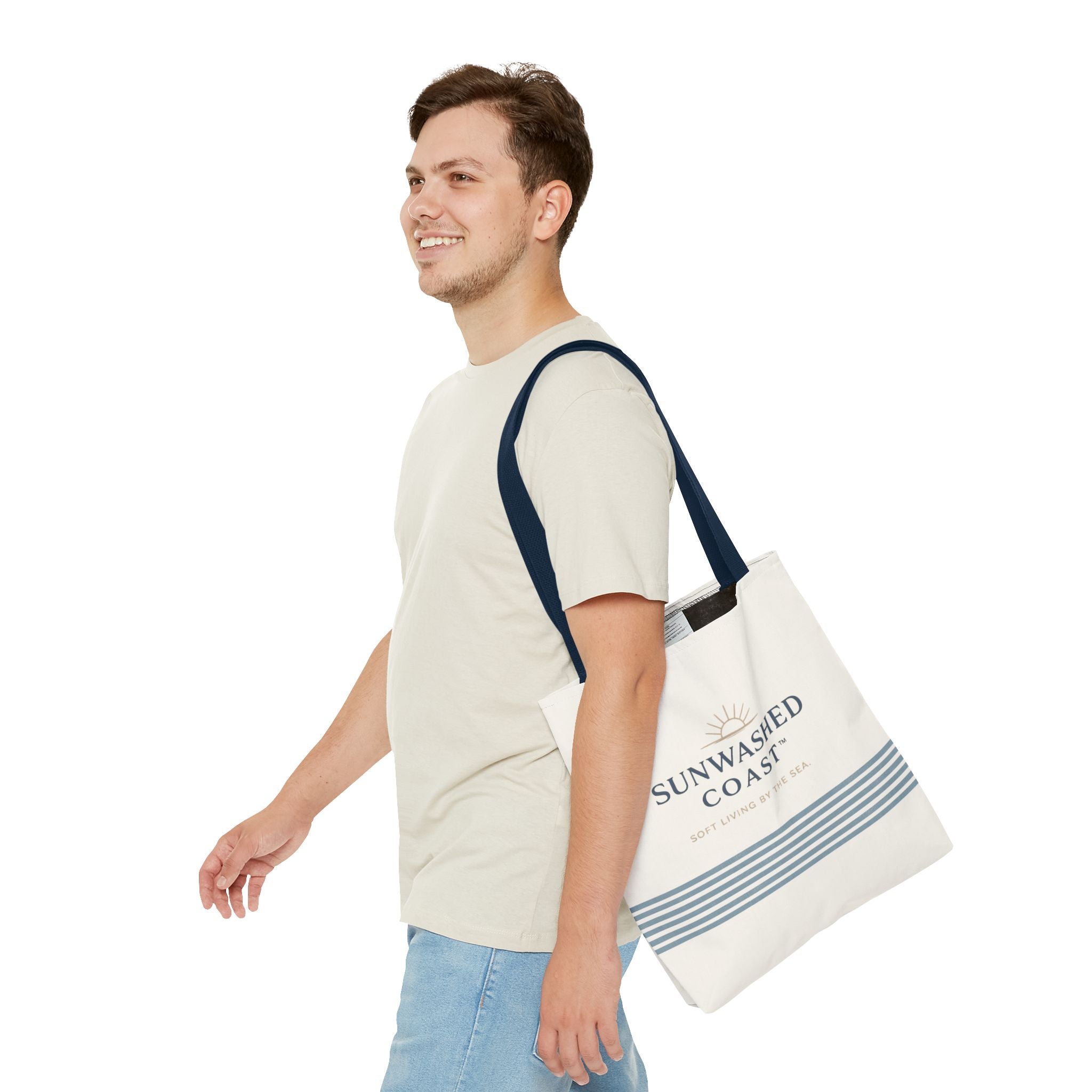 Sunwashed Coast Tote Bag – Coastal Striped Beach Canvas Tote (“Sunwashed Coast” Logo) - Creations by Chris and Carlos