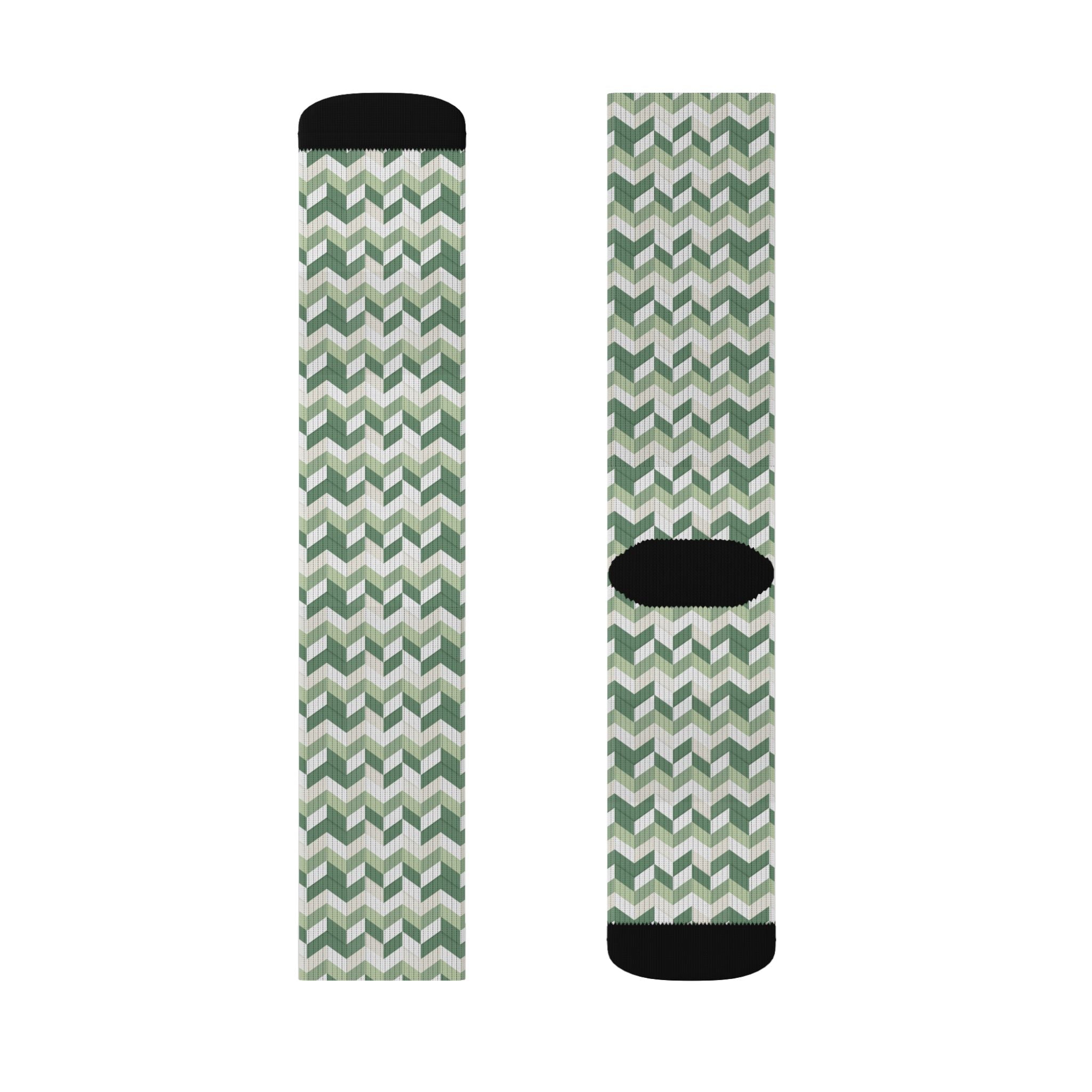 Prism Point Athletic Collection- Green Zigzag Knit-Pattern Sublimation Crew Socks - Creations by Chris and Carlos