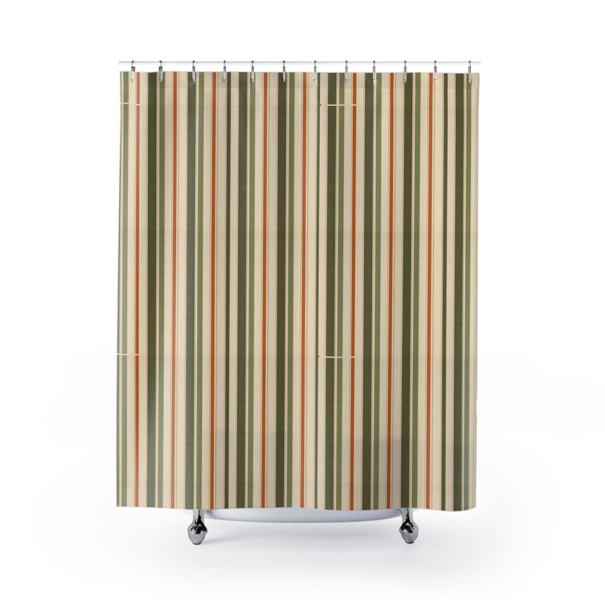 Striped Green & Rust Shower Curtain — Classic Vertical Stripe Bathroom Curtain - Creations by Chris and Carlos