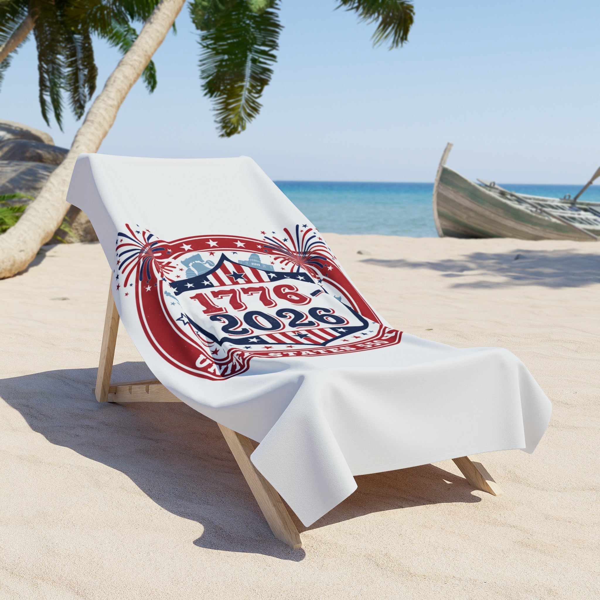 1776–2026 Patriotic Beach Towel – USA 250th Anniversary Flag Fireworks Design - Creations by Chris and Carlos