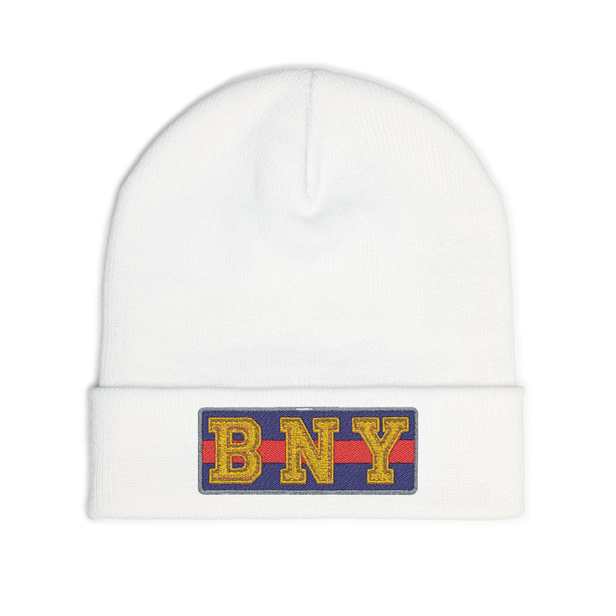 BNY Embroidered Knit Beanie – Vintage Letter Patch Winter Hat - Creations by Chris and Carlos