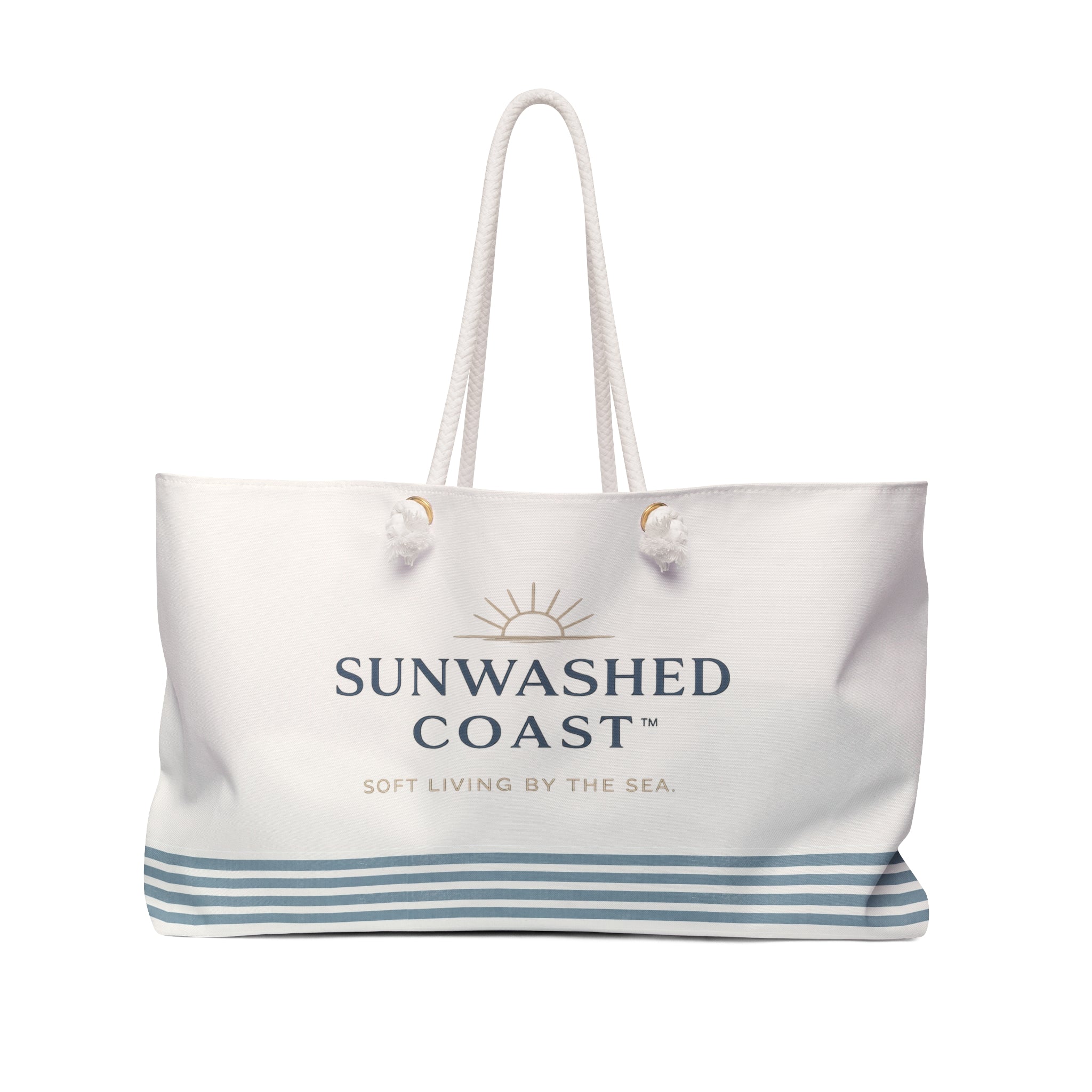 Sunwashed Coast Weekender Bag – Nautical Beach Tote with 'Soft Living by the Sea' Logo - Creations by Chris and Carlos