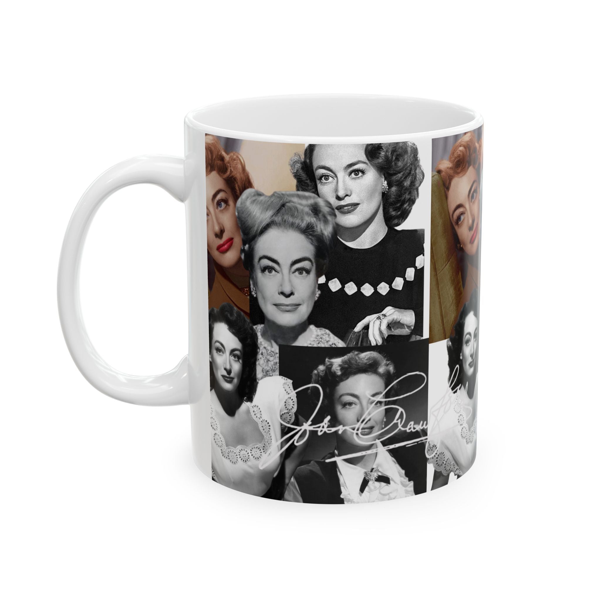 Retro Hollywood Actress Joan Crawford Collage Mug — Vintage Glamour Ceramic Coffee Cup (11oz/15oz) - Creations by Chris and Carlos