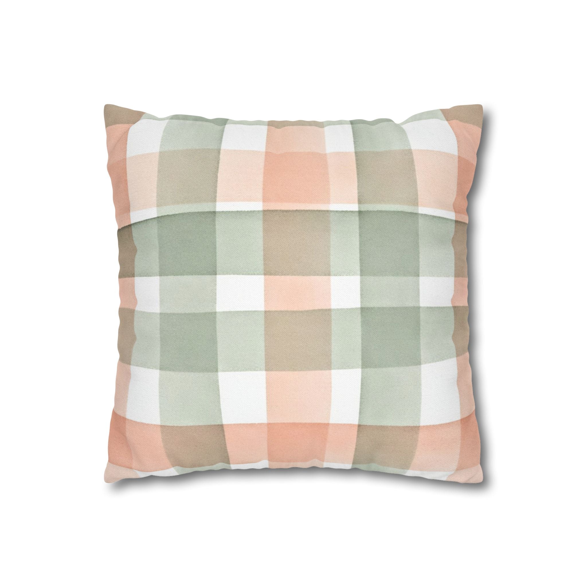The Artisanal Flora Gallery Pastel Buffalo Check Pillowcase — Peach & Sage Plaid Square Pillow Cover - Creations by Chris and Carlos