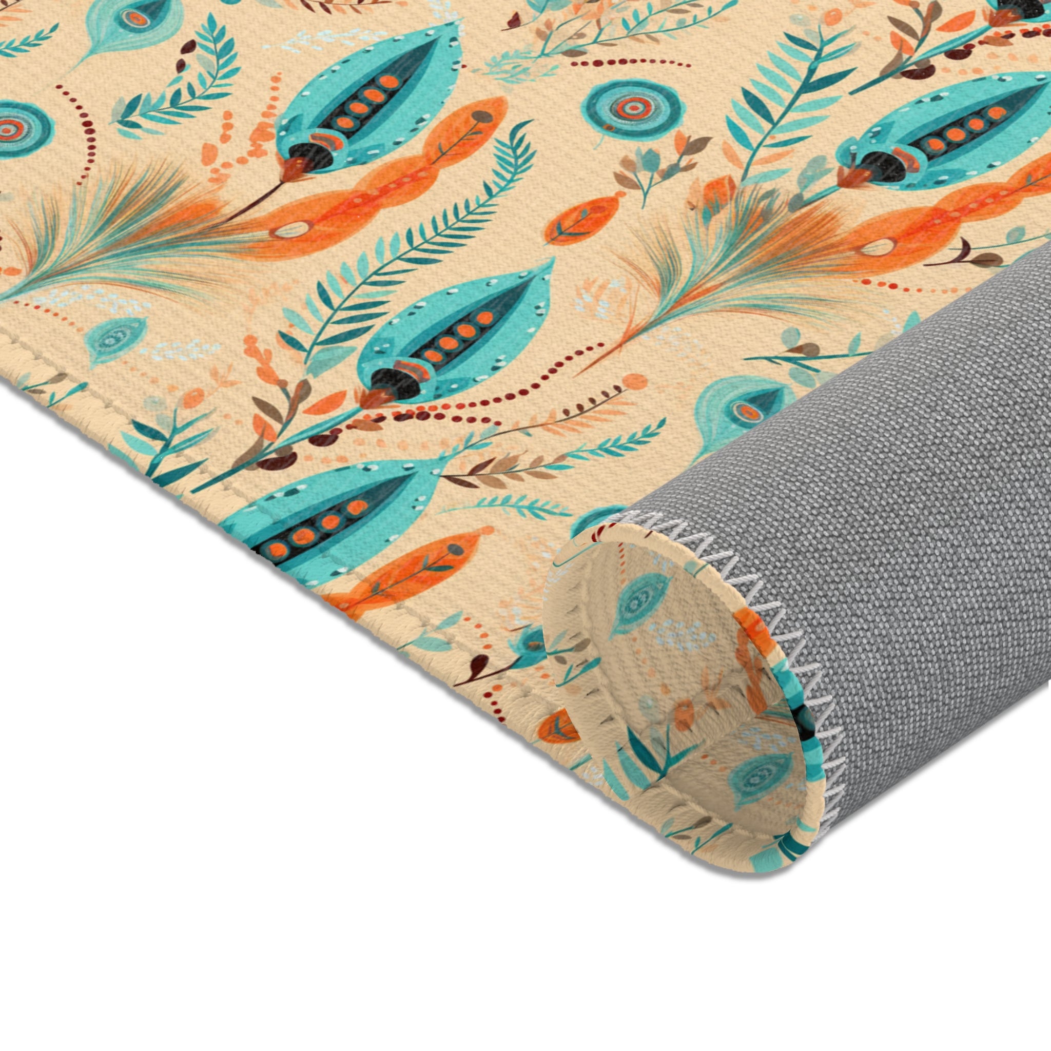 Sol y Alegría (Sun and Joy) Collection- Boho Feather Pattern Area Rug — Turquoise & Coral Accent Rug - Creations by Chris and Carlos
