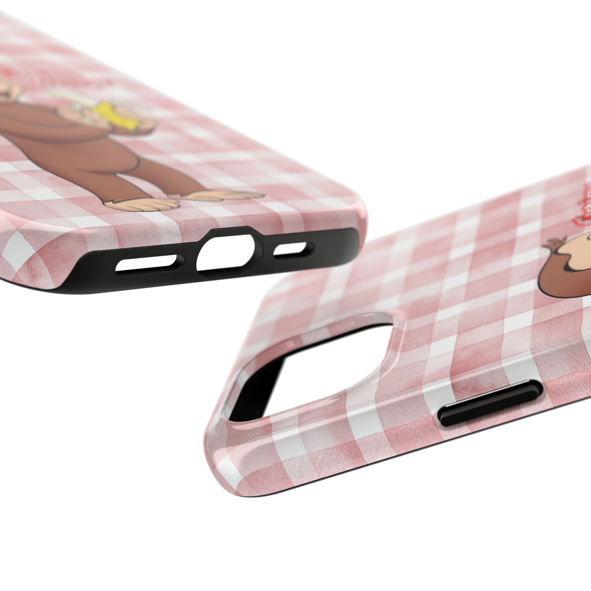Curious George Banana Tough Phone Case — Cute Kids iPhone Cover, Pink Gingham Protective Case - Creations by Chris and Carlos