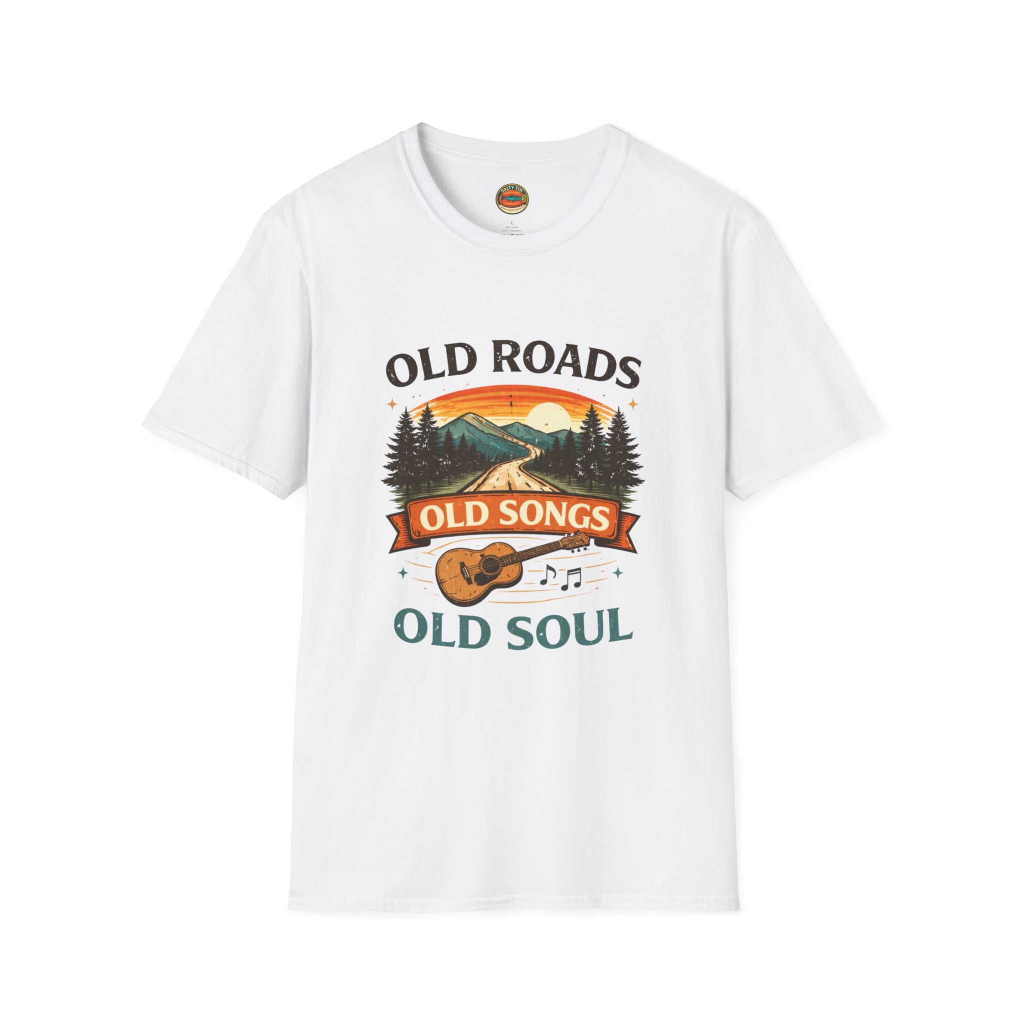 Old Roads Old Songs Old Soul T-Shirt – Vintage Guitar & Mountain Graphic - Creations by Chris and Carlos