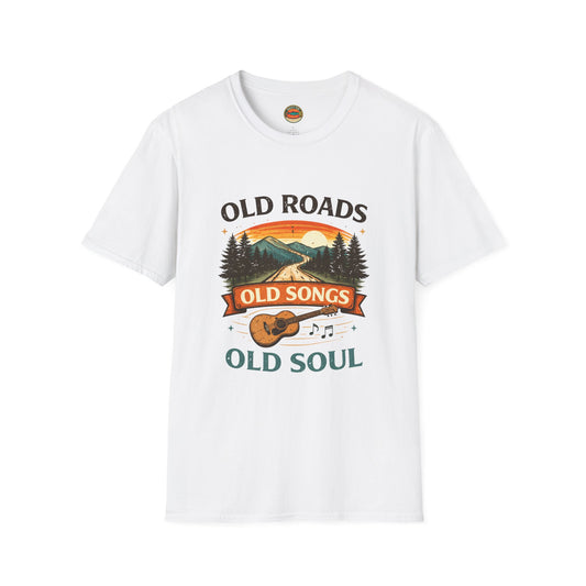 Old Roads Old Songs Old Soul T-Shirt – Vintage Guitar & Mountain Graphic - Creations by Chris and Carlos
