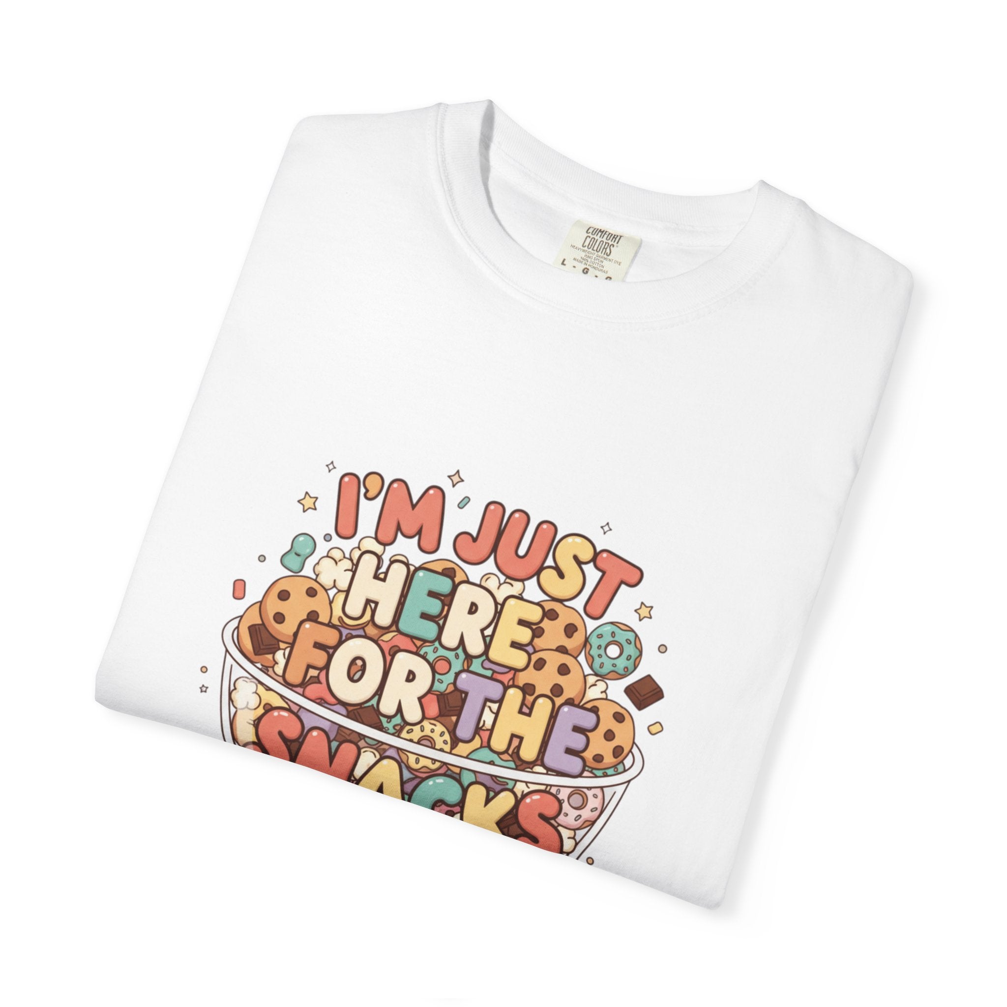 T-Shirt — "I'm Just Here for the Snacks" Funny Retro Graphic Tee - Creations by Chris and Carlos