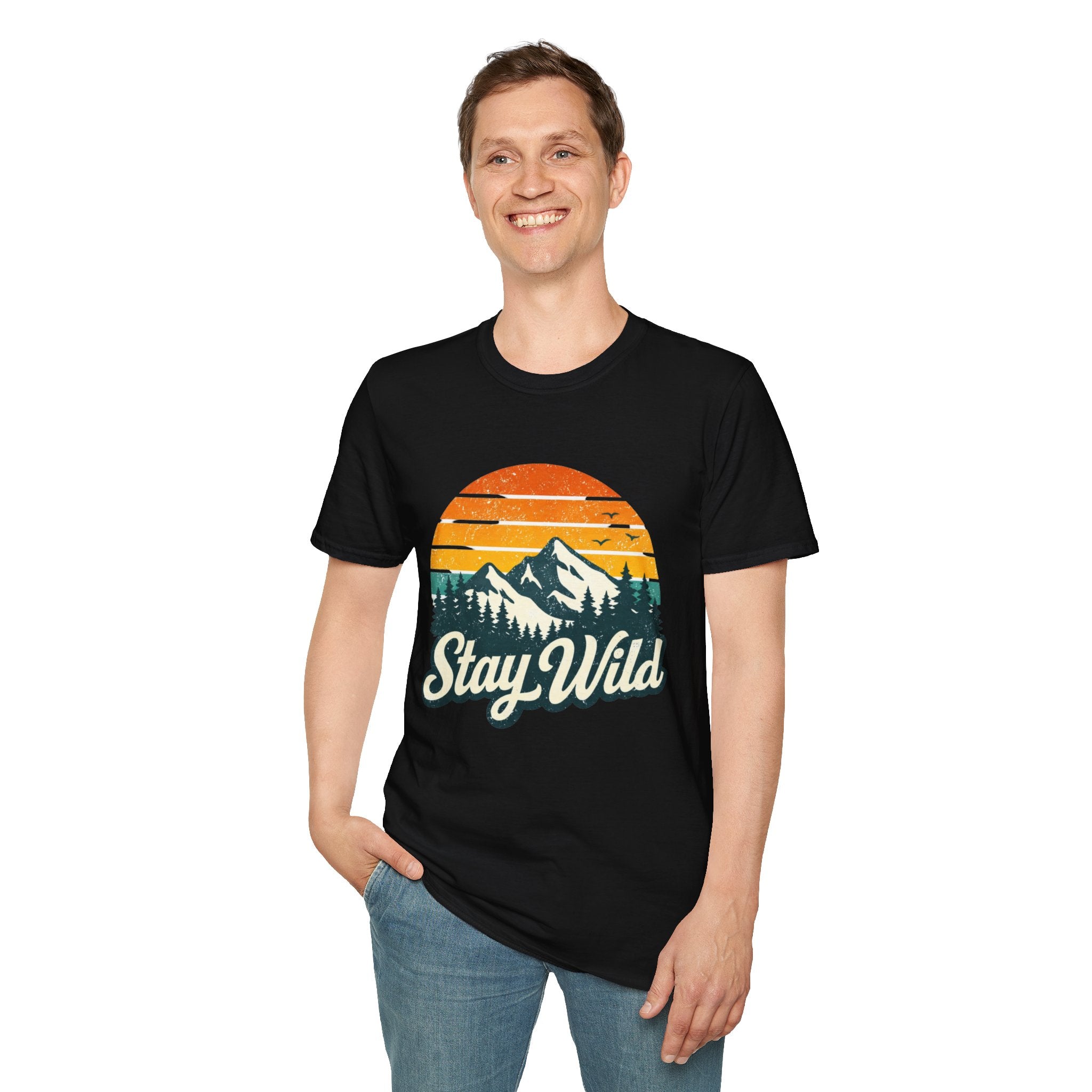 Stay Wild Mountain T-Shirt — Vintage Sunset Outdoor Adventure Tee - Creations by Chris and Carlos