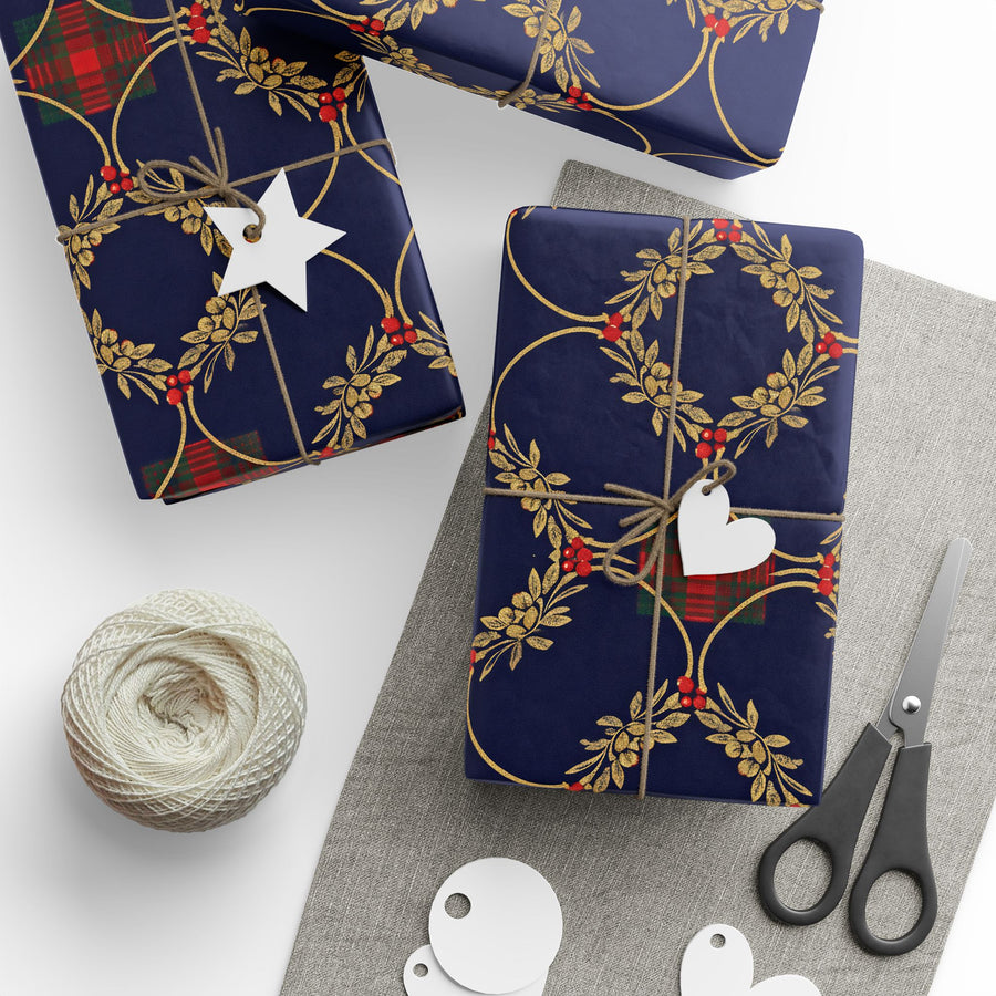 Navy Gold Floral Wrapping Paper Roll – Elegant Holiday Gift Wrap