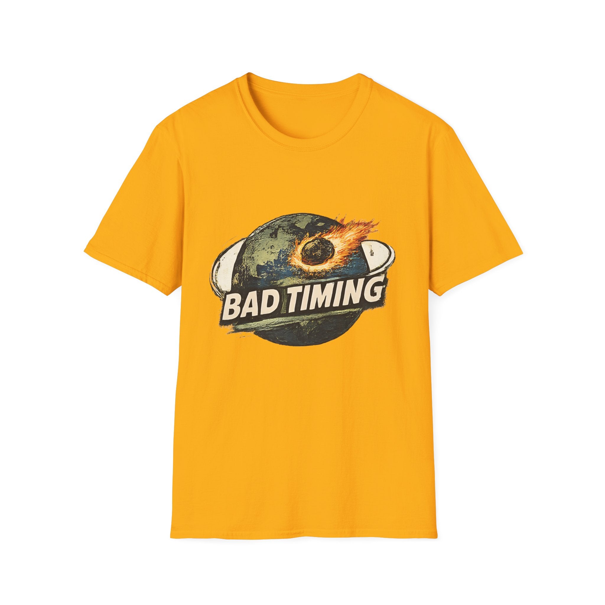 Bad Timing Graphic T-Shirt — Retro Meteor Earth Design - Creations by Chris and Carlos
