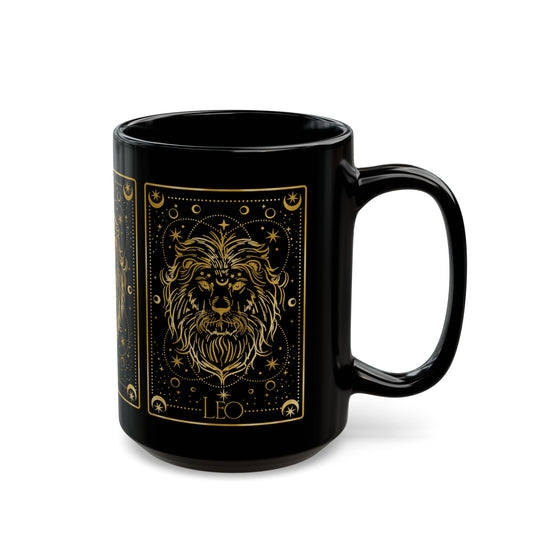 Leo Zodiac Black Mug — Gold Lion Astrology Coffee Cup (11oz/15oz) - Creations by Chris and Carlos