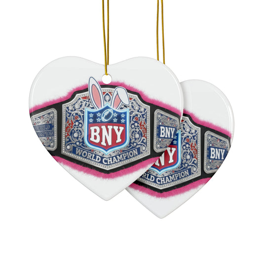 Champion Belt Bunny Heart Ceramic Ornament — BNY World Champion Double-Sided Holiday Decor - Creations by Chris and Carlos