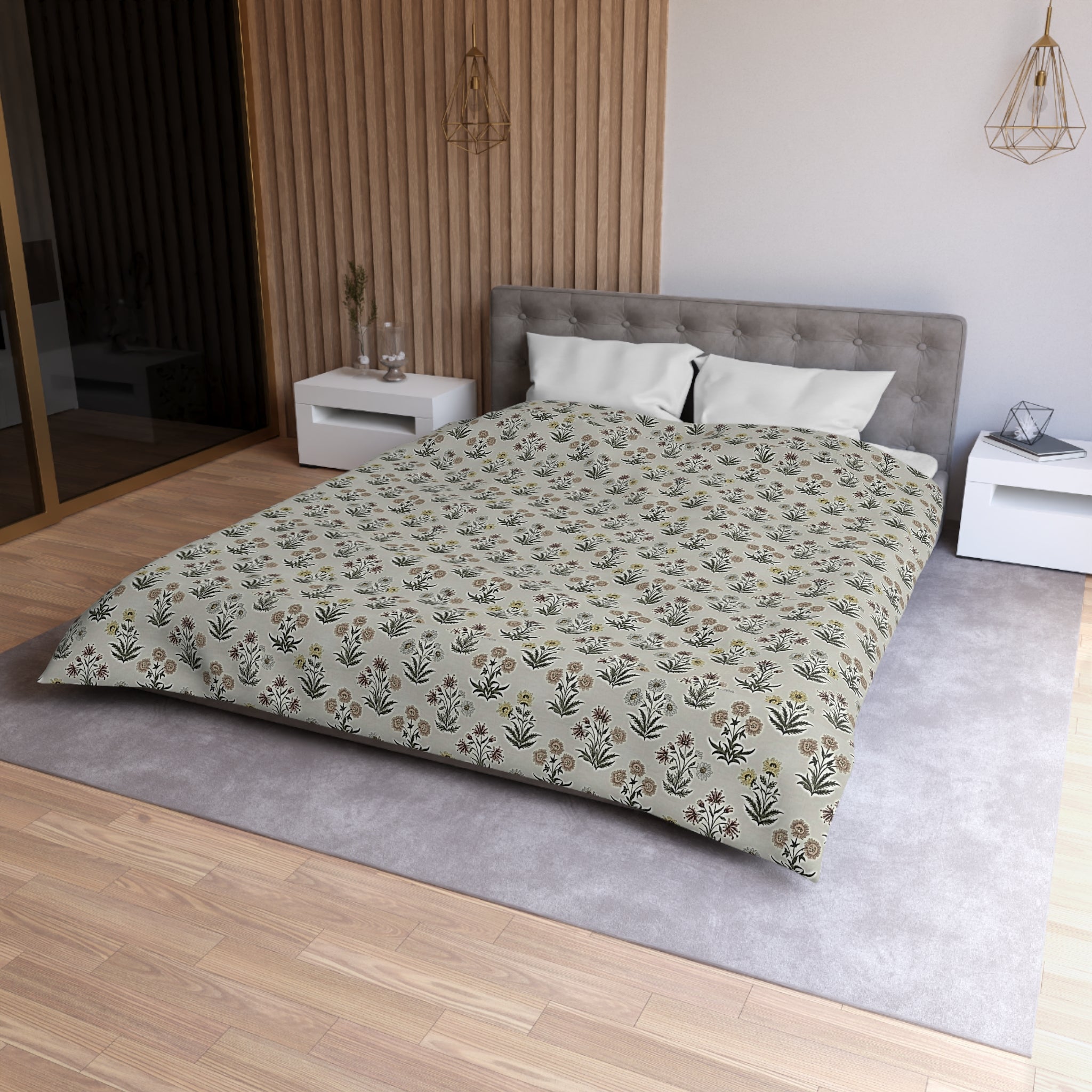 Floral Folk Pattern Duvet Cover — Neutral Microfiber Bedding - Creations by Chris and Carlos
